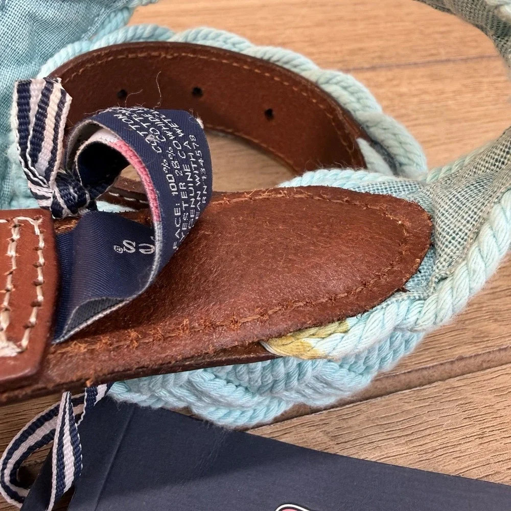Vineyard Vines Distressed Braided Rope Belt Mens 34 Crystal Blue Brown Leather